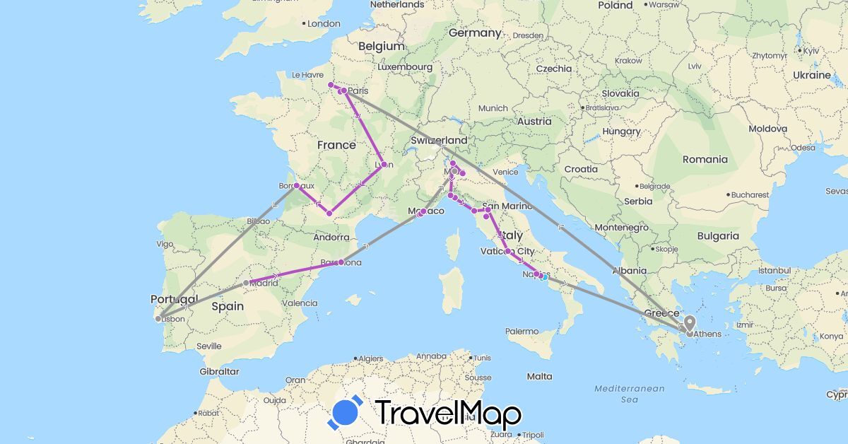 TravelMap itinerary: driving, plane, train, boat in Spain, France, Greece, Italy, Portugal (Europe)
